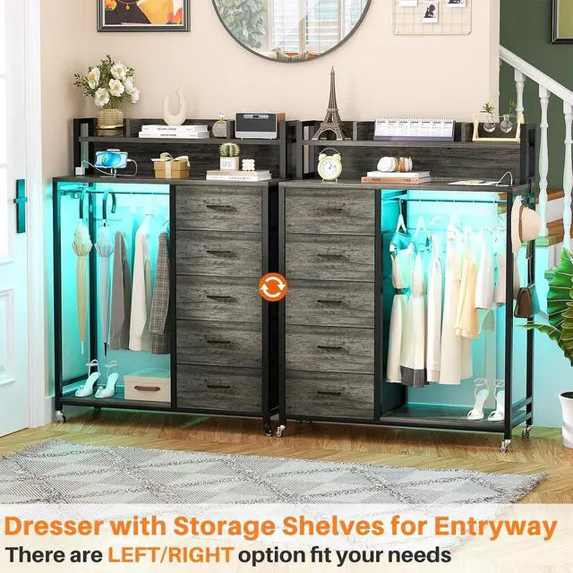 Alt view image 7 of 7 - Clothes Rack with 5 Drawers and Shelf, Garment Rack with Charging Station & LED Lights, Fabric Chest Shelves Clothing Hanging Rack, Wooden Portable Wardrobe Closet
