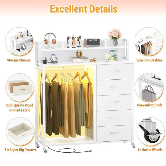 Alt view image 3 of 7 - Clothes Rack with 5 Drawers and Shelf, Garment Rack with Charging Station & LED Lights, Fabric Chest Shelves Clothing Hanging Rack, Wooden Portable Wardrobe Closet