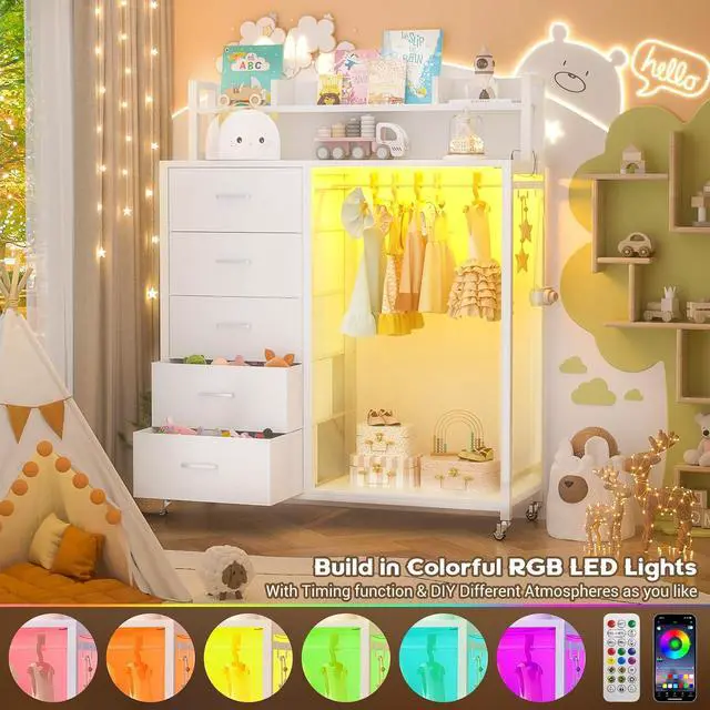 Alt view image 4 of 7 - Clothes Rack with 5 Drawers and Shelf, Garment Rack with Charging Station & LED Lights, Fabric Chest Shelves Clothing Hanging Rack, Wooden Portable Wardrobe Closet