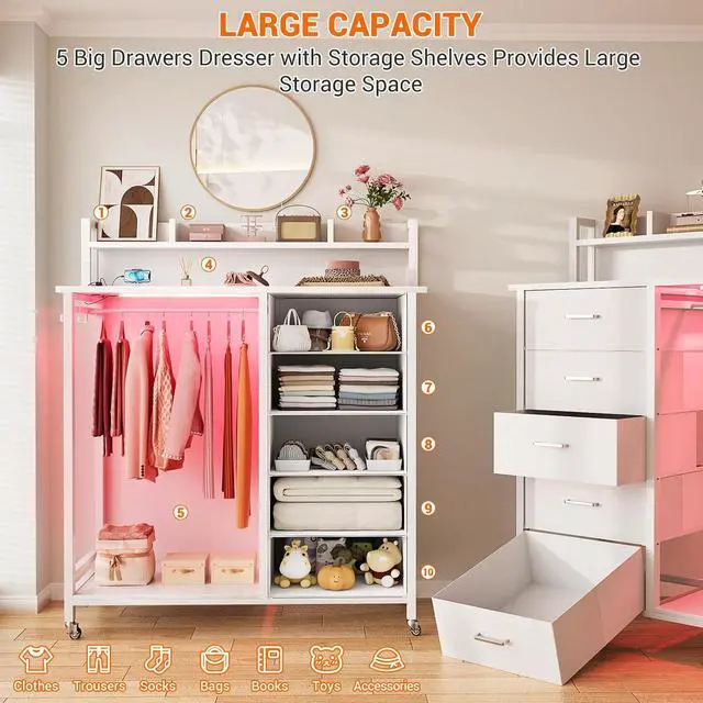 Alt view image 6 of 7 - Clothes Rack with 5 Drawers and Shelf, Garment Rack with Charging Station & LED Lights, Fabric Chest Shelves Clothing Hanging Rack, Wooden Portable Wardrobe Closet
