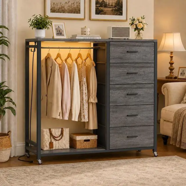 Main image of Storage Clothes Rack with 5 Drawers, Garment Rack with Charging Station & LED Lights, Fabric Chest Shelves Clothing Rack, Wooden Portable Wardrobe Closet