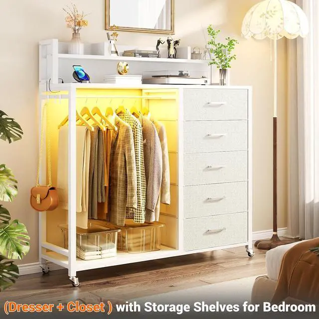 Alt view image 5 of 7 - Clothes Rack with 5 Drawers and Shelf, Garment Rack with Charging Station & LED Lights, Fabric Chest Shelves Clothing Hanging Rack, Wooden Portable Wardrobe Closet