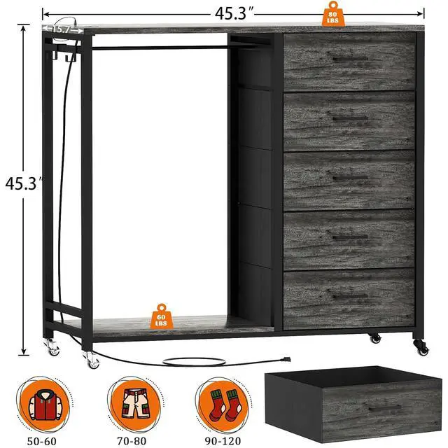 Alt view image 2 of 7 - Storage Clothes Rack with 5 Drawers, Garment Rack with Charging Station & LED Lights, Fabric Chest Shelves Clothing Rack, Wooden Portable Wardrobe Closet