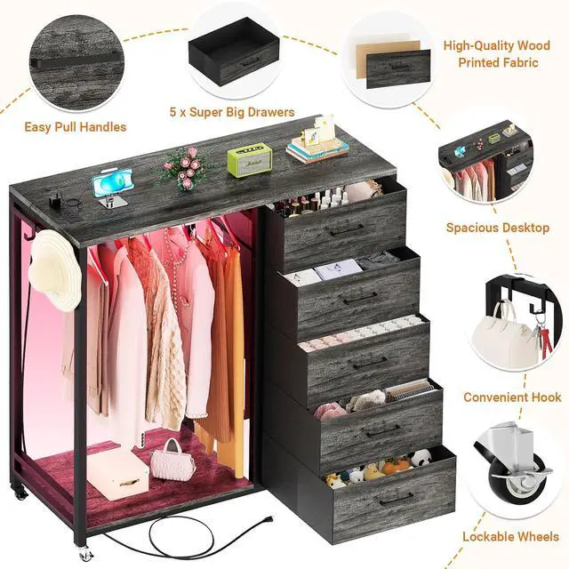 Alt view image 3 of 7 - Storage Clothes Rack with 5 Drawers, Garment Rack with Charging Station & LED Lights, Fabric Chest Shelves Clothing Rack, Wooden Portable Wardrobe Closet