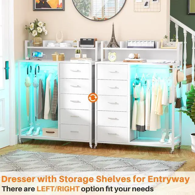 Alt view image 7 of 7 - Clothes Rack with 5 Drawers and Shelf, Garment Rack with Charging Station & LED Lights, Fabric Chest Shelves Clothing Hanging Rack, Wooden Portable Wardrobe Closet