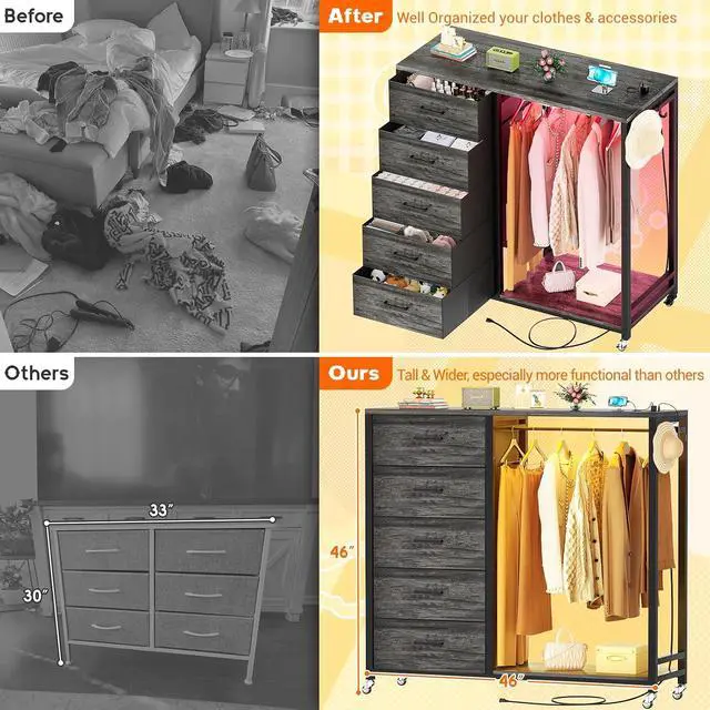 Alt view image 5 of 7 - Storage Clothes Rack with 5 Drawers, Garment Rack with Charging Station & LED Lights, Fabric Chest Shelves Clothing Rack, Wooden Portable Wardrobe Closet
