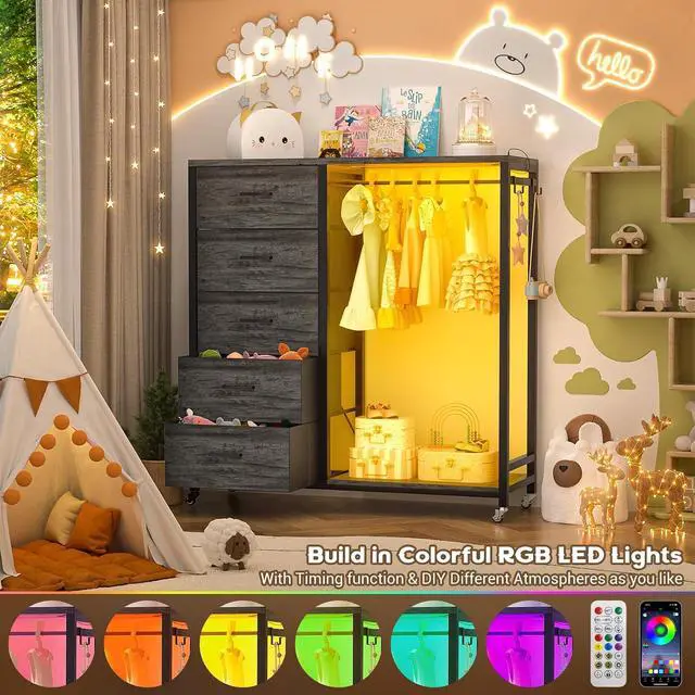 Alt view image 6 of 7 - Storage Clothes Rack with 5 Drawers, Garment Rack with Charging Station & LED Lights, Fabric Chest Shelves Clothing Rack, Wooden Portable Wardrobe Closet