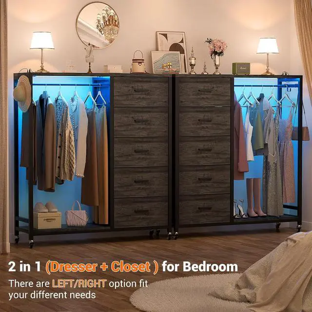 Alt view image 7 of 7 - Storage Clothes Rack with 5 Drawers, Garment Rack with Charging Station & LED Lights, Fabric Chest Shelves Clothing Rack, Wooden Portable Wardrobe Closet