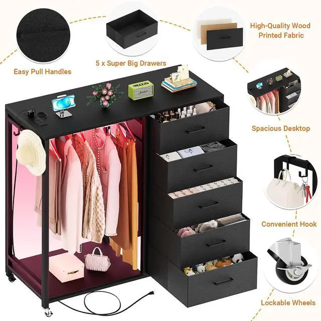 Alt view image 3 of 7 - Storage Clothes Rack with 5 Drawers, Garment Rack with Charging Station & LED Lights, Fabric Chest Shelves Clothing Rack, Wooden Portable Wardrobe Closet