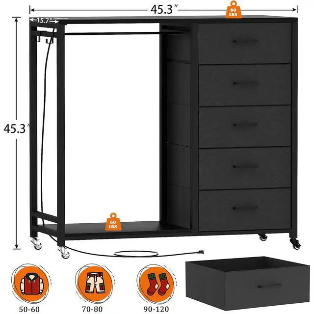 Alt view image 2 of 7 - Storage Clothes Rack with 5 Drawers, Garment Rack with Charging Station & LED Lights, Fabric Chest Shelves Clothing Rack, Wooden Portable Wardrobe Closet