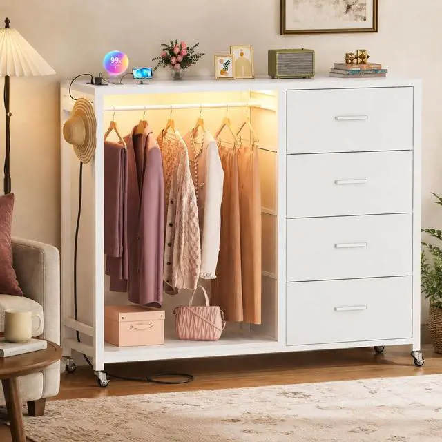 Main image of Storage Clothes Rack with 4 Drawers, Garment Rack with Charging Station & LED Lights, Fabric Chest Shelves Clothing Rack, Wooden Portable Wardrobe Closet