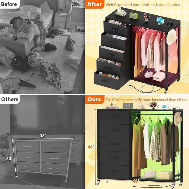 Alt view image 5 of 7 - Storage Clothes Rack with 5 Drawers, Garment Rack with Charging Station & LED Lights, Fabric Chest Shelves Clothing Rack, Wooden Portable Wardrobe Closet