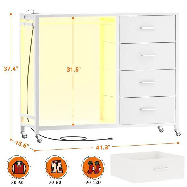 Alt view image 2 of 6 - Storage Clothes Rack with 4 Drawers, Garment Rack with Charging Station & LED Lights, Fabric Chest Shelves Clothing Rack, Wooden Portable Wardrobe Closet