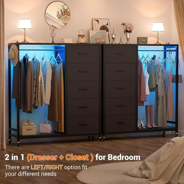 Alt view image 7 of 7 - Storage Clothes Rack with 5 Drawers, Garment Rack with Charging Station & LED Lights, Fabric Chest Shelves Clothing Rack, Wooden Portable Wardrobe Closet