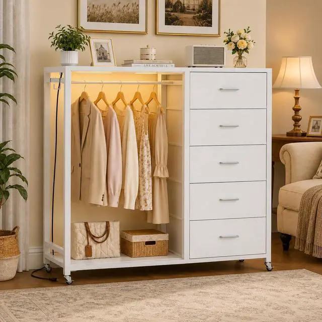 Main image of Storage Clothes Rack with 5 Drawers, Garment Rack with Charging Station & LED Lights, Fabric Chest Shelves Clothing Rack, Wooden Portable Wardrobe Closet