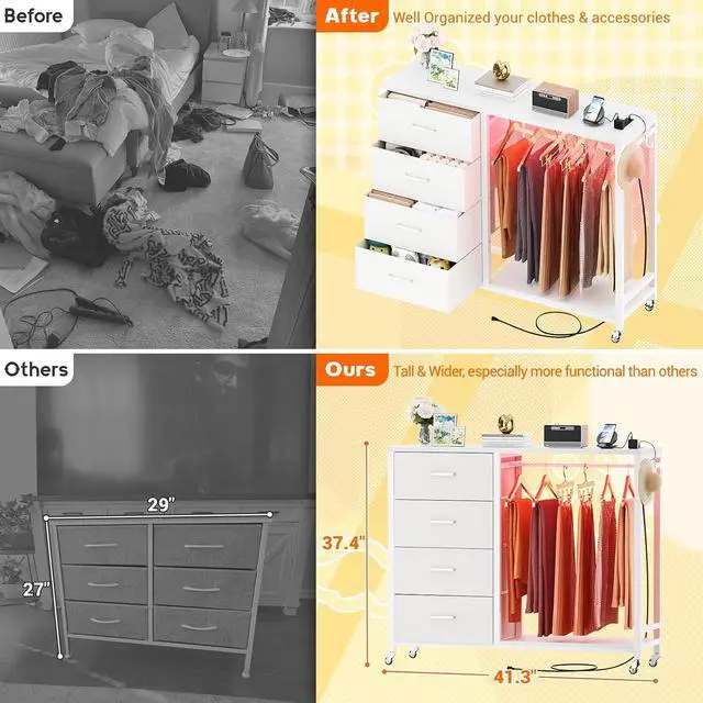 Alt view image 5 of 6 - Storage Clothes Rack with 4 Drawers, Garment Rack with Charging Station & LED Lights, Fabric Chest Shelves Clothing Rack, Wooden Portable Wardrobe Closet