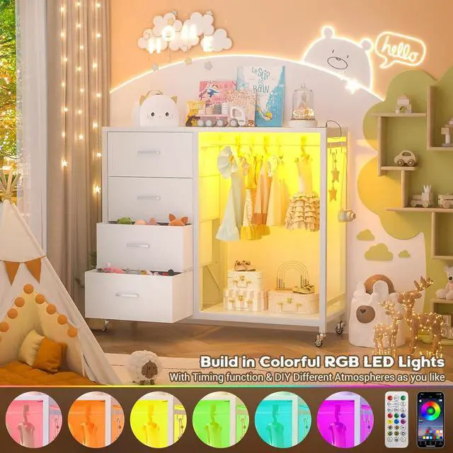 Alt view image 4 of 6 - Storage Clothes Rack with 4 Drawers, Garment Rack with Charging Station & LED Lights, Fabric Chest Shelves Clothing Rack, Wooden Portable Wardrobe Closet
