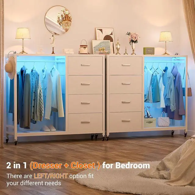 Alt view image 6 of 6 - Storage Clothes Rack with 4 Drawers, Garment Rack with Charging Station & LED Lights, Fabric Chest Shelves Clothing Rack, Wooden Portable Wardrobe Closet