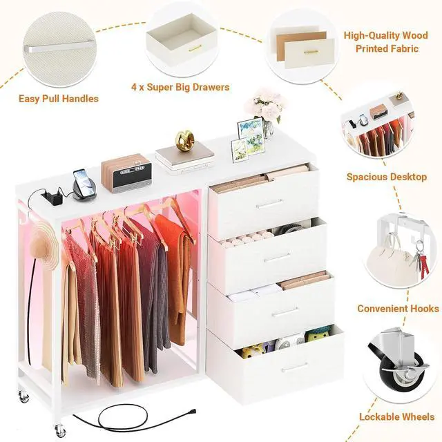 Alt view image 3 of 6 - Storage Clothes Rack with 4 Drawers, Garment Rack with Charging Station & LED Lights, Fabric Chest Shelves Clothing Rack, Wooden Portable Wardrobe Closet