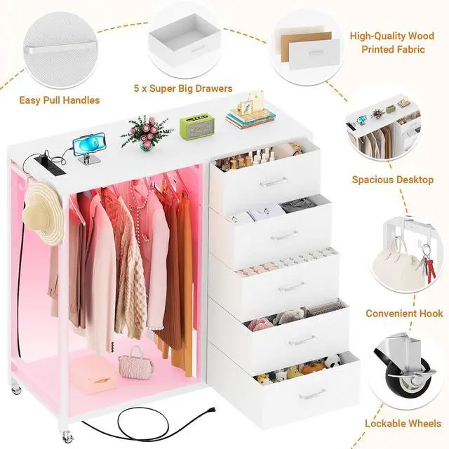 Alt view image 3 of 6 - Storage Clothes Rack with 5 Drawers, Garment Rack with Charging Station & LED Lights, Fabric Chest Shelves Clothing Rack, Wooden Portable Wardrobe Closet
