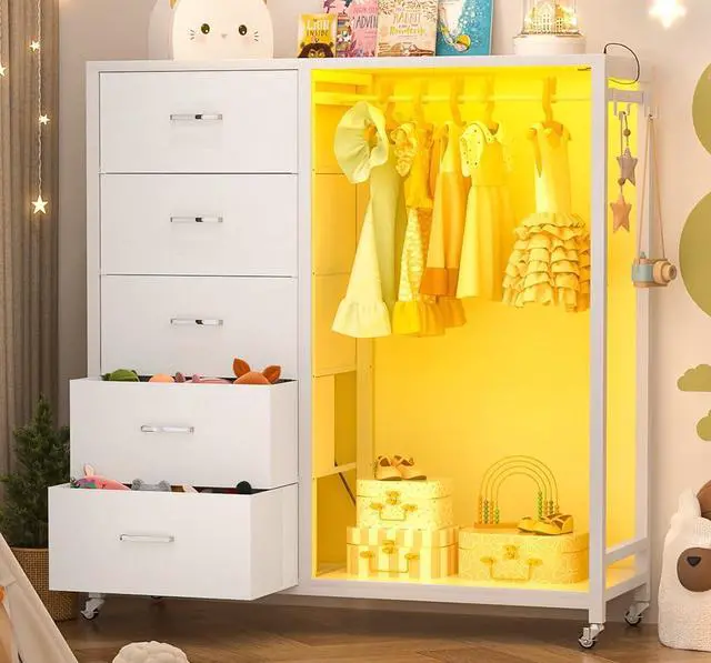 Alt view image 6 of 6 - Storage Clothes Rack with 5 Drawers, Garment Rack with Charging Station & LED Lights, Fabric Chest Shelves Clothing Rack, Wooden Portable Wardrobe Closet