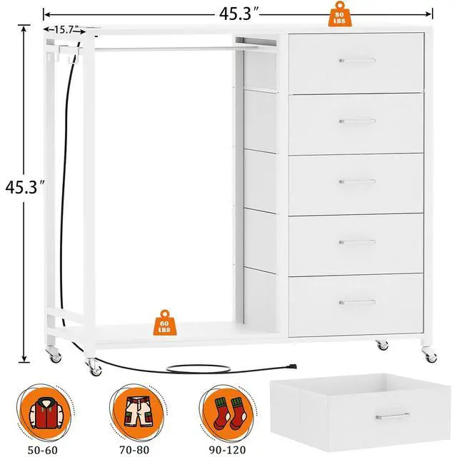 Alt view image 2 of 6 - Storage Clothes Rack with 5 Drawers, Garment Rack with Charging Station & LED Lights, Fabric Chest Shelves Clothing Rack, Wooden Portable Wardrobe Closet
