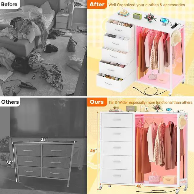 Alt view image 4 of 6 - Storage Clothes Rack with 5 Drawers, Garment Rack with Charging Station & LED Lights, Fabric Chest Shelves Clothing Rack, Wooden Portable Wardrobe Closet