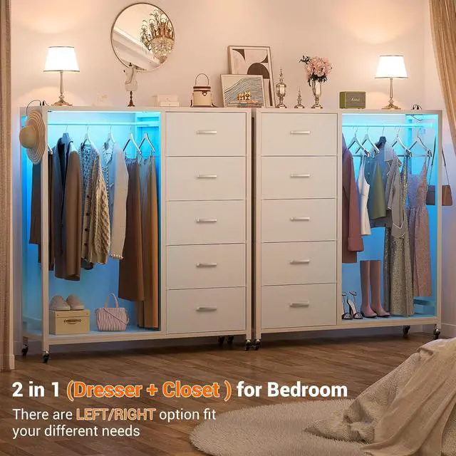 Alt view image 5 of 6 - Storage Clothes Rack with 5 Drawers, Garment Rack with Charging Station & LED Lights, Fabric Chest Shelves Clothing Rack, Wooden Portable Wardrobe Closet
