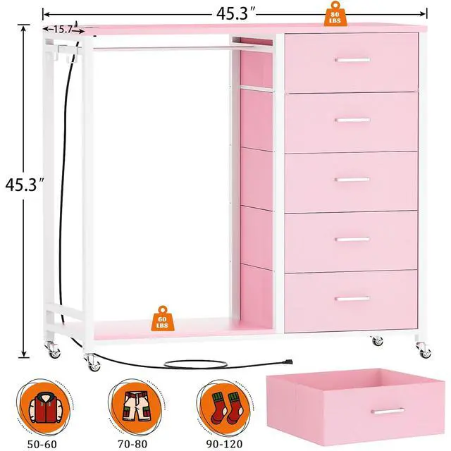 Alt view image 2 of 7 - Storage Clothes Rack with 5 Drawers, Garment Rack with Charging Station & LED Lights, Fabric Chest Shelves Clothing Rack, Wooden Portable Wardrobe Closet