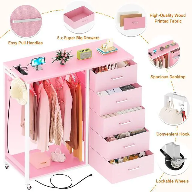 Alt view image 3 of 7 - Storage Clothes Rack with 5 Drawers, Garment Rack with Charging Station & LED Lights, Fabric Chest Shelves Clothing Rack, Wooden Portable Wardrobe Closet