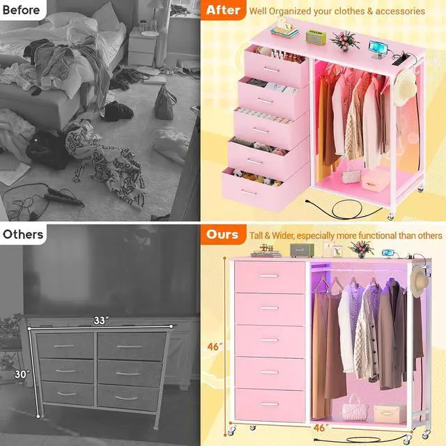 Alt view image 5 of 7 - Storage Clothes Rack with 5 Drawers, Garment Rack with Charging Station & LED Lights, Fabric Chest Shelves Clothing Rack, Wooden Portable Wardrobe Closet