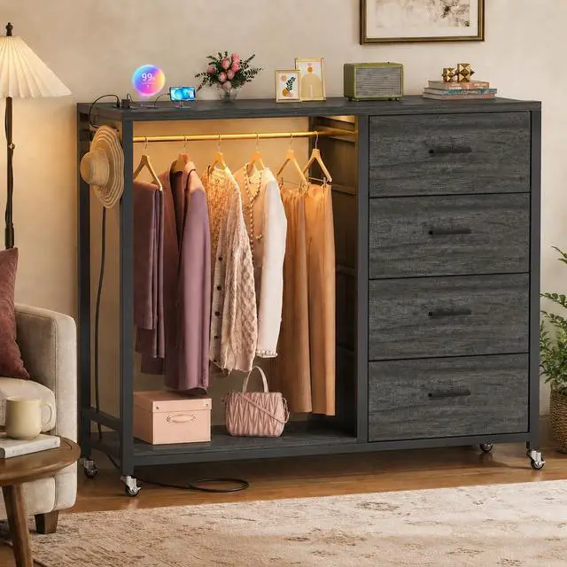 Main image of Storage Clothes Rack with 4 Drawers, Garment Rack with Charging Station & LED Lights, Fabric Chest Shelves Clothing Rack, Wooden Portable Wardrobe Closet