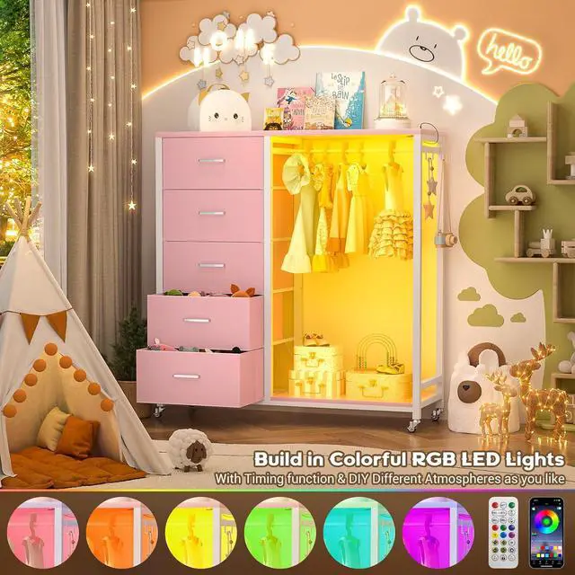 Alt view image 6 of 7 - Storage Clothes Rack with 5 Drawers, Garment Rack with Charging Station & LED Lights, Fabric Chest Shelves Clothing Rack, Wooden Portable Wardrobe Closet