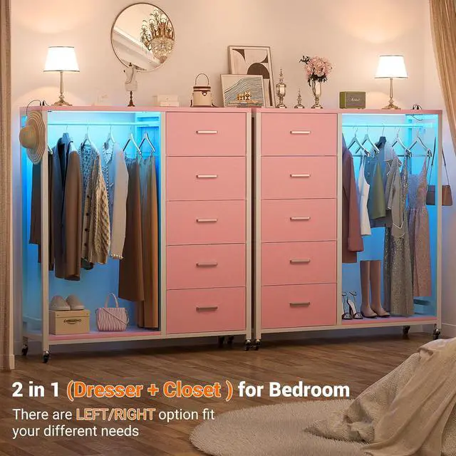 Alt view image 7 of 7 - Storage Clothes Rack with 5 Drawers, Garment Rack with Charging Station & LED Lights, Fabric Chest Shelves Clothing Rack, Wooden Portable Wardrobe Closet
