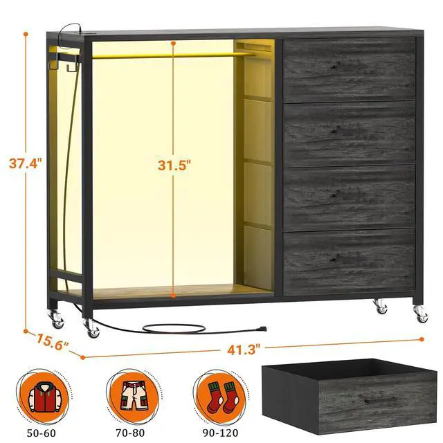 Alt view image 2 of 6 - Storage Clothes Rack with 4 Drawers, Garment Rack with Charging Station & LED Lights, Fabric Chest Shelves Clothing Rack, Wooden Portable Wardrobe Closet