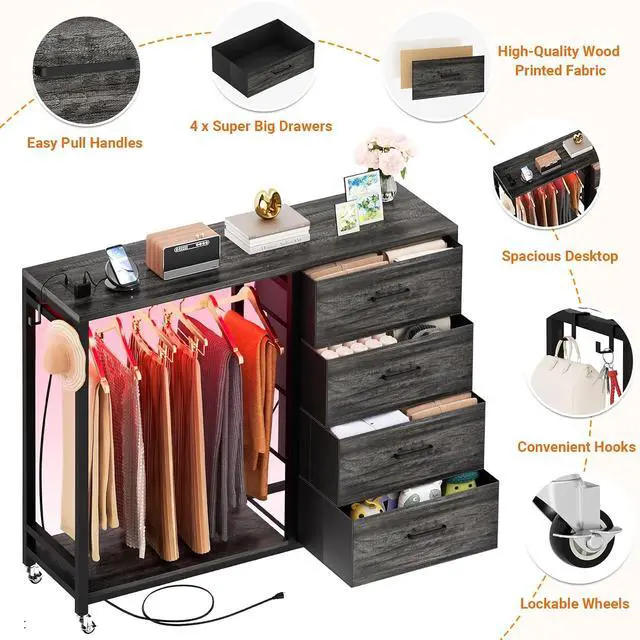 Alt view image 3 of 6 - Storage Clothes Rack with 4 Drawers, Garment Rack with Charging Station & LED Lights, Fabric Chest Shelves Clothing Rack, Wooden Portable Wardrobe Closet