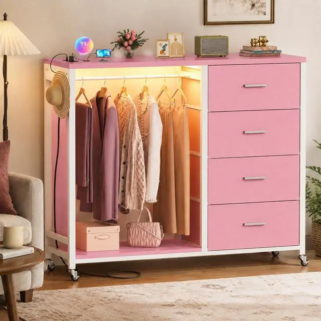 Main image of Storage Clothes Rack with 4 Drawers, Garment Rack with Charging Station & LED Lights, Fabric Chest Shelves Clothing Rack, Wooden Portable Wardrobe Closet