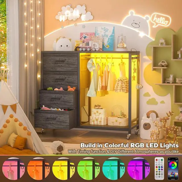 Alt view image 5 of 6 - Storage Clothes Rack with 4 Drawers, Garment Rack with Charging Station & LED Lights, Fabric Chest Shelves Clothing Rack, Wooden Portable Wardrobe Closet