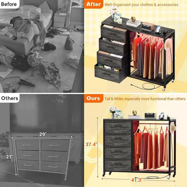 Alt view image 4 of 6 - Storage Clothes Rack with 4 Drawers, Garment Rack with Charging Station & LED Lights, Fabric Chest Shelves Clothing Rack, Wooden Portable Wardrobe Closet