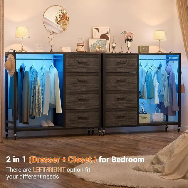 Alt view image 6 of 6 - Storage Clothes Rack with 4 Drawers, Garment Rack with Charging Station & LED Lights, Fabric Chest Shelves Clothing Rack, Wooden Portable Wardrobe Closet