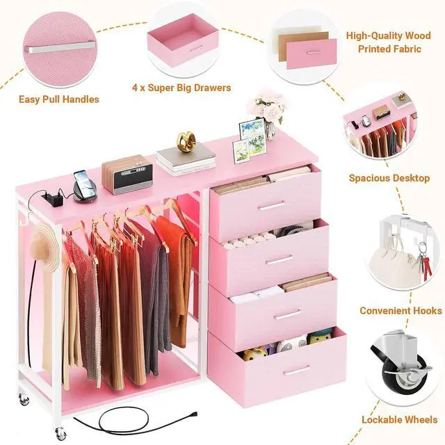Alt view image 3 of 6 - Storage Clothes Rack with 4 Drawers, Garment Rack with Charging Station & LED Lights, Fabric Chest Shelves Clothing Rack, Wooden Portable Wardrobe Closet