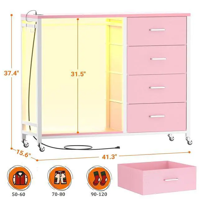 Alt view image 2 of 6 - Storage Clothes Rack with 4 Drawers, Garment Rack with Charging Station & LED Lights, Fabric Chest Shelves Clothing Rack, Wooden Portable Wardrobe Closet