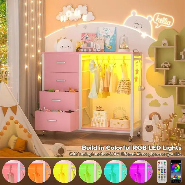 Alt view image 4 of 6 - Storage Clothes Rack with 4 Drawers, Garment Rack with Charging Station & LED Lights, Fabric Chest Shelves Clothing Rack, Wooden Portable Wardrobe Closet