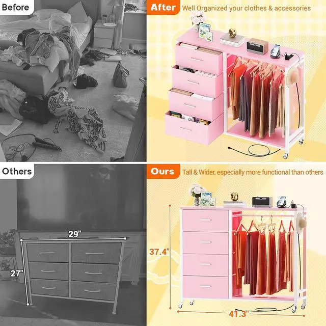 Alt view image 5 of 6 - Storage Clothes Rack with 4 Drawers, Garment Rack with Charging Station & LED Lights, Fabric Chest Shelves Clothing Rack, Wooden Portable Wardrobe Closet