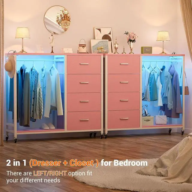 Alt view image 6 of 6 - Storage Clothes Rack with 4 Drawers, Garment Rack with Charging Station & LED Lights, Fabric Chest Shelves Clothing Rack, Wooden Portable Wardrobe Closet