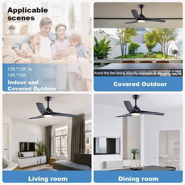 Alt view image 6 of 7 - American Retro Ceiling Fans with Lights 42/52 inch Ceiling Fan with Remote Reversible 3CCT, Dimmable, Quiet, Black Small Ceiling Fan for Bedroom Indoor/Outdoor Use