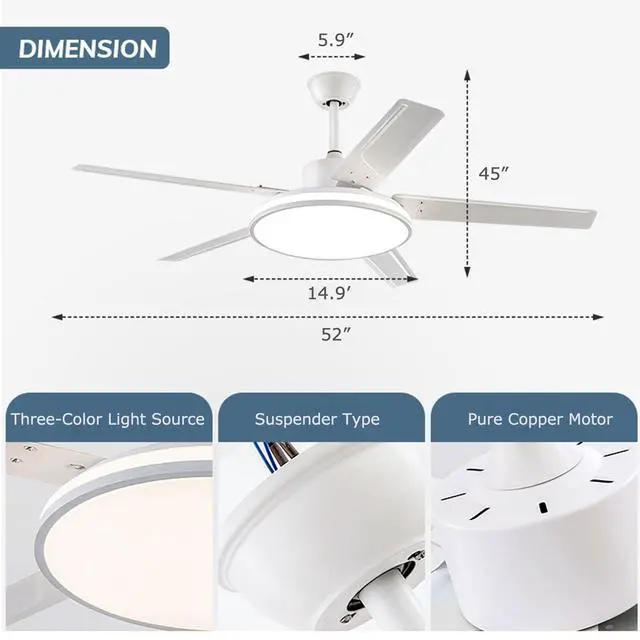 Alt view image 7 of 7 - 52 inch Large Light Panel Ceiling Fans with Lights and Remote Reversible DC Motor Modern Ceiling Fans 6-Speed 3 CCT Dimmable 5 Blades Ceiling Fans for Living Room Office Patio