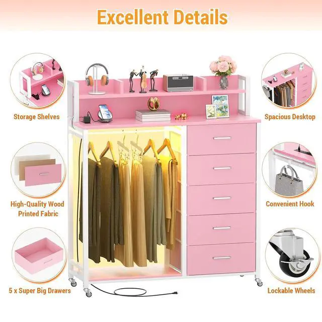 Alt view image 3 of 7 - Clothes Rack with 5 Drawers and Shelf, Garment Rack with Charging Station & LED Lights, Fabric Chest Shelves Clothing Hanging Rack, Wooden Portable Wardrobe Closet