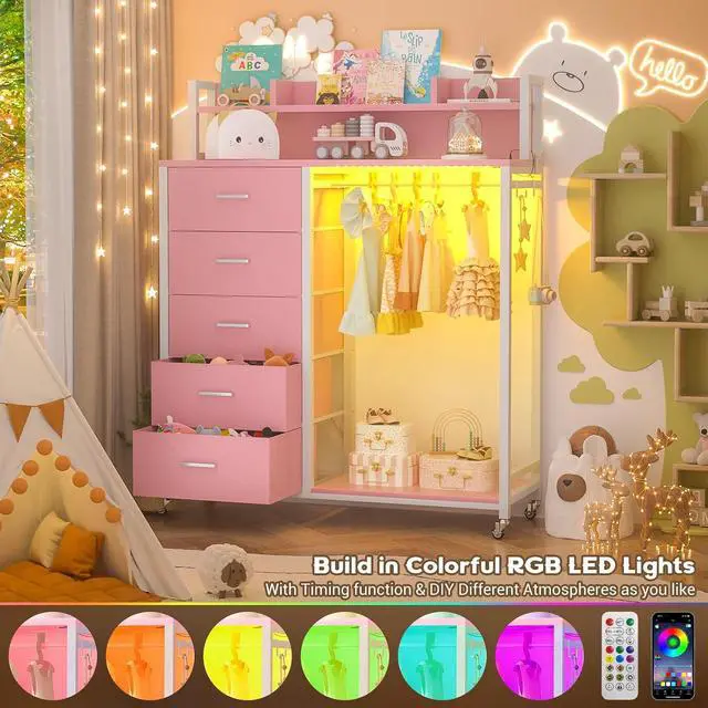 Alt view image 4 of 7 - Clothes Rack with 5 Drawers and Shelf, Garment Rack with Charging Station & LED Lights, Fabric Chest Shelves Clothing Hanging Rack, Wooden Portable Wardrobe Closet