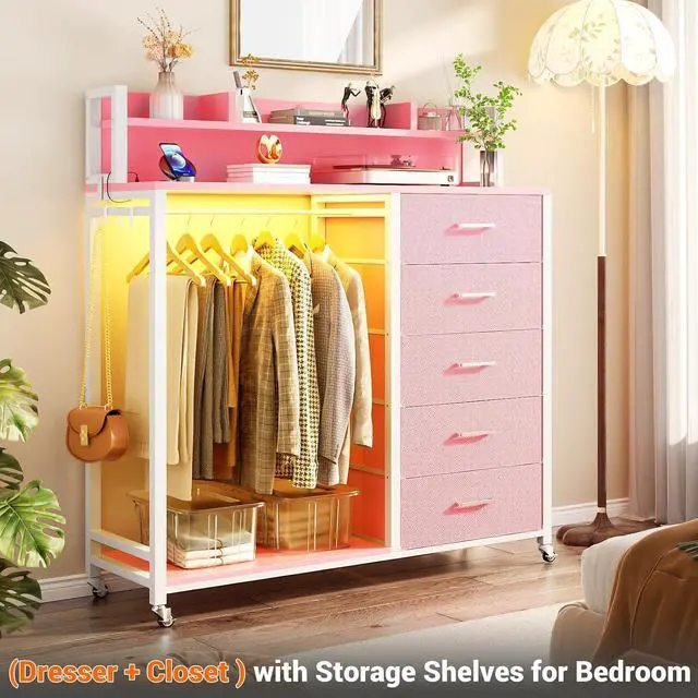 Alt view image 5 of 7 - Clothes Rack with 5 Drawers and Shelf, Garment Rack with Charging Station & LED Lights, Fabric Chest Shelves Clothing Hanging Rack, Wooden Portable Wardrobe Closet